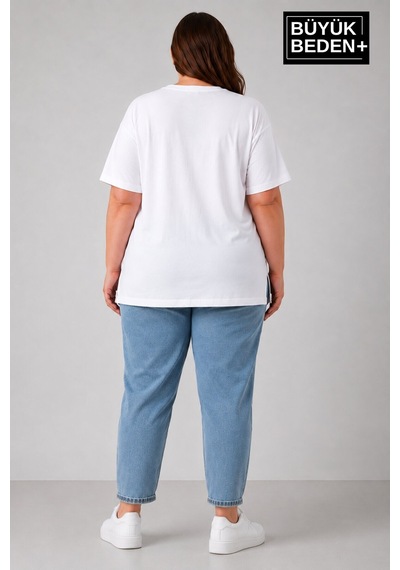 Superlife Büyük Beden Kadın Bisiklet Yaka Yırtmaç Detaylı 3xl-6xl Tunik Tişört Spr26btsk501 Beyaz
