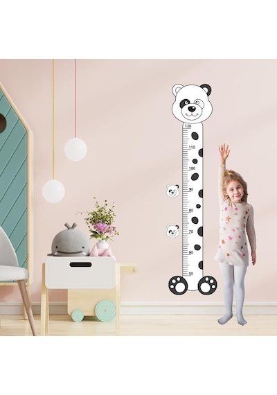 Panda Temalı Çocuk Boy Ölçer Sticker Siyah Beyaz Minimal Duvar Dekoru &