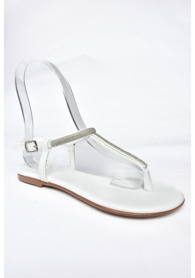 Fox Shoes M272025009 Beyaz Taş Detaylı Parmak Arası Sandalet Beyaz
