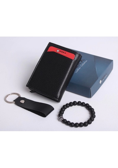 Ozka Leather Collection Kişiye Özel Yeni Trend Otomatik Mekanizmalı Cüzdan - Anahtarlık Ve Bileklik Hediyeli Siyah