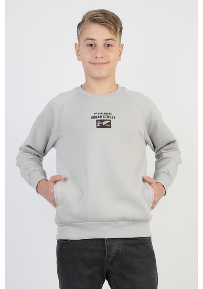 Kanguru Cepli Baskılı Detaylı Erkek Çocuk Sweatshirt-90881 Gri