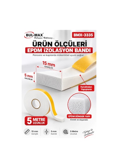 Pencere Kapı İzolasyon Bandı 5 Metre 15x5 Mm Beyaz Hava Sızdırmazlık Bandı Bul-max Epdm