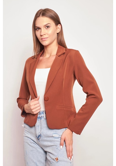Yakalı Flato Cepli Uzun Kol Pamuklu Kumaş Hafif Likralı Kısa Blazer Ofis Ceket-koyu Taba K.taba