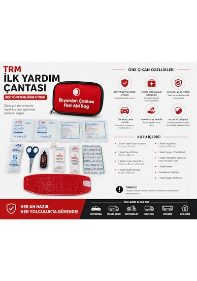 Trm Araç İlk Yardım Çantası Bez Çantalı Yönetmeliğe Uygun Acil Durum Seti