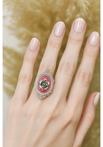 Vintage Pembe Gül Yüzük Romantik Ve Zarif Retro Tasarım, Ayarlanabilir Metal Model Gümüş - Gri