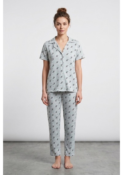 Fullamoda Yaprak Ve Çizgi Desenli Gömlek Yaka Düğmeli Pijama Takımı Mint