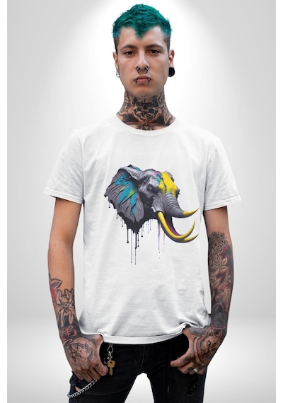 Renkli Fil Kafası Unisex Unisex Beyaz Organik Baskılı T-shirt Penye Yüksek Kalite Beyaz
