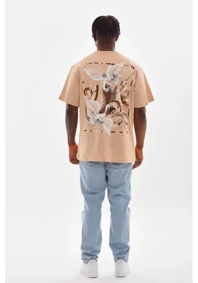 Modi Green Soft Dokulu Unisex Salaş Stil Bej Tonlu Oversize Bisiklet Yaka Ti