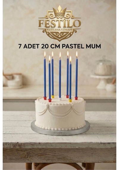 7'li Uzun Mum 20 Cm Pasta Mumu Mavi Pastel Renk Parti Malzemeleri Doğum Günü Süsleri