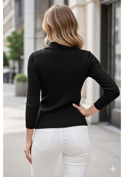 Youknitwear You Riviera %100 Pamuk Polo Yaka Kadın Kazak Siyah