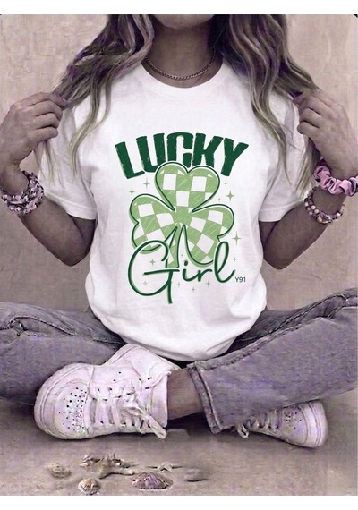 Kadın Lucky Girl Yonca Baskılı Kompakt T-shirt Beyaz