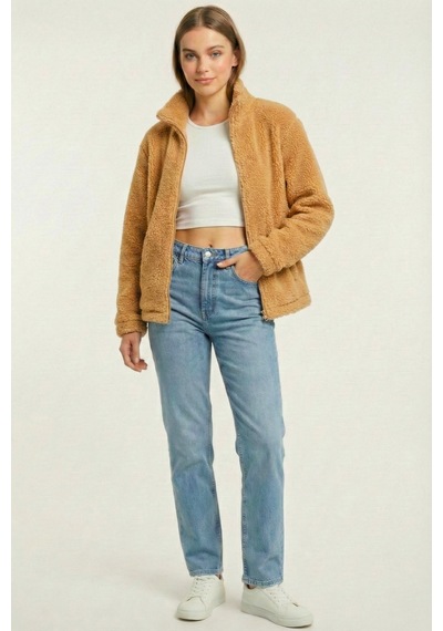 Kadın Peluş Tam Fermuarlı Cepli Sherpa Kuzu Kumaş Oversize Peluş Polar Sweatshirt Bej