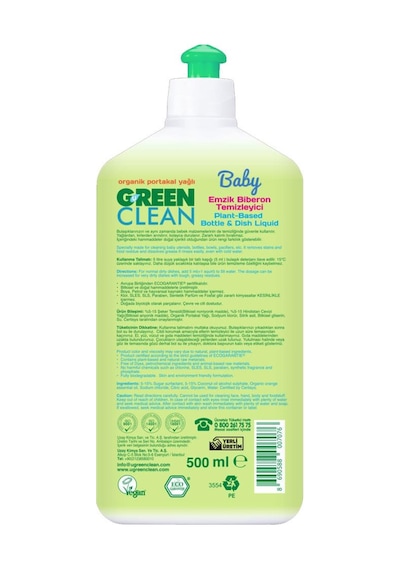 U Green Clean Baby Organik Portakal Yağlı Bitkisel Biberon ve Emzik Temizleyici 500 ML
