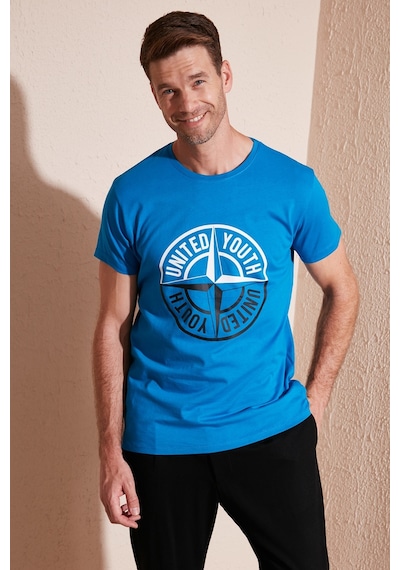 Buratti Baskılı Bisiklet Yaka Pamuklu Slim Fit Erkek T Shirt 541Pusula Mavi