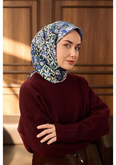 Silk Home Twill İpek Eşarp Petrol Mavisi-ekru Desenli Tok Duruşlu 90x90 Çok Renkli