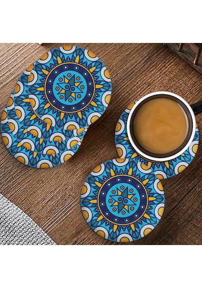 Valerine Life Kutsal Geometri Mandala Desenli Yıkanabilir Kaydırmaz Ofis Çay Ve Fincan Bardak Altlığ Siyah