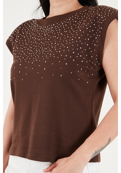 Lela Pamuklu Regular Fit Taş Detaylı Bluz Bayan Bluz 5866945 Kahve