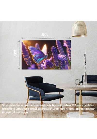 Kelebek Parlayan Güneş Işığı Altında Lavanta Çiçeğinin Üzerinde Dinleniyor 03 Çerçevesiz 50x30 Cm Pvc Tablo
