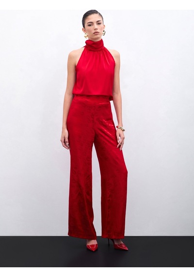 Sateen Boğazlı Kolsuz Bluz - Kırmızı-135947 Kırmızı