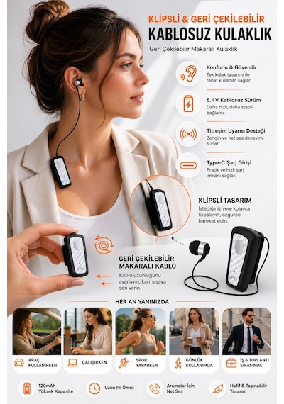 Exenar - Gold - Titreşimli Kablosuz Makaralı Kulaklık Titreşimli Bluetooth Kulaklık 15 Saat