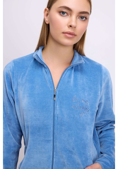 Anıl Man11625-1014 Anil Ev Giyim Anil Kadın Uzun Kollu Fermuarlı Kadife Sweatshirt Ve Pantolon Takım 11625 Mavi