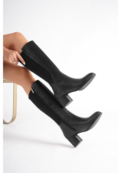Analin Shoes Kadın Siyah Hakiki Deri Arkası Esnek Lastikli Topuklu Çizme