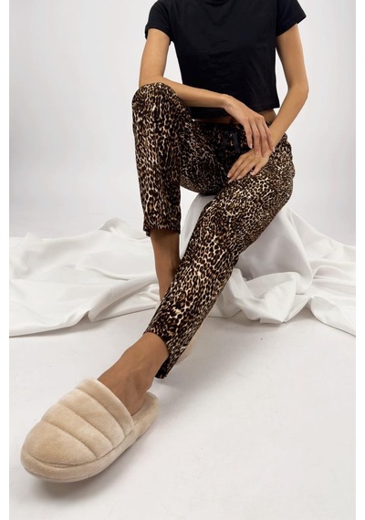 Kadın Kadife Pijama Altı Eşofman Pamuklu Leopar