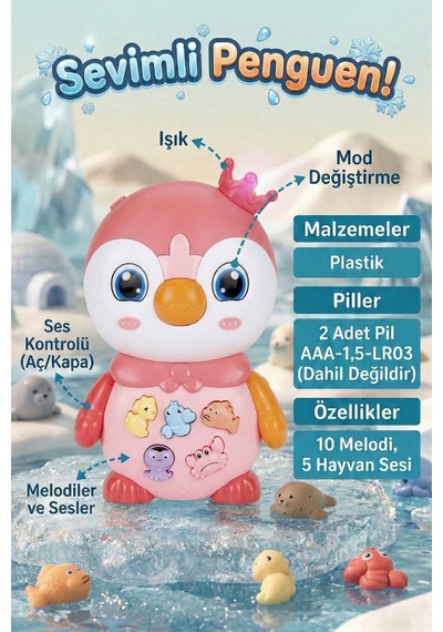 Müzikli Ve Işıklı Penguen İnteraktif Bebek Oyuncağı 10 Melodi 5 Hayvan Sesi