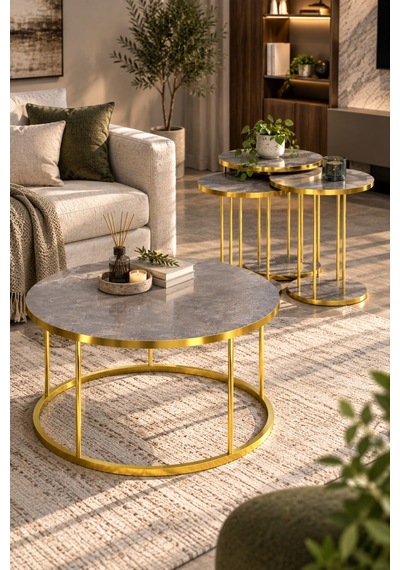 Sulorahome Sehpa Ve Zigon Sehpa Seti - Gri Ve Gold Antrasit - Gri - Altın