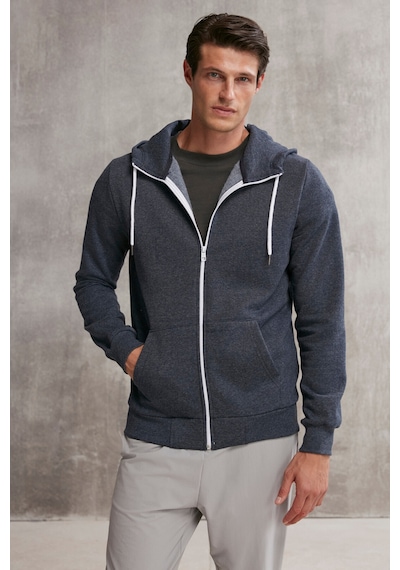 Grimelange Core Erkek Fermuarlı Yüksek Yaka Kapüşonlu Kordonlu Içi Polarlı Lacivert Sweatshirt