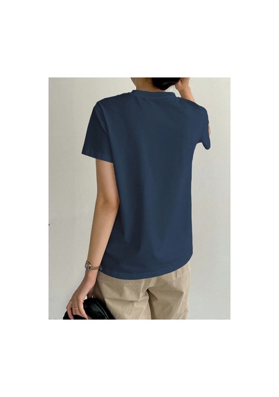 Cool Tarz Kadın Basic Ön Çizgi Detaylı Bisiklet Yaka Tişört Rahat Kalıp Günlük T-shirt Lacivert Lacivert