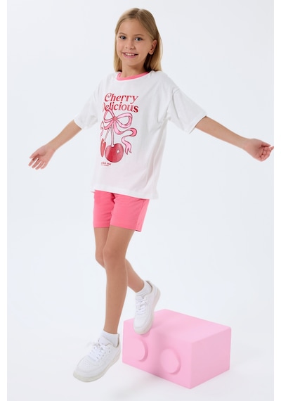 Rolypoly 3799 %100 Pamuk Kız Çocuk Kısa Kol Cepli Şort Pijama Takımı Beyaz