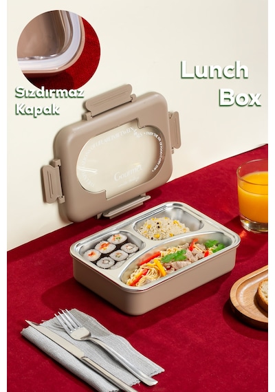 Porsima 3010-1 Paslanmaz Çelik 3 Bölmeli Vakumlu Yemek Termosu Beslenme Kutusu Taşınabilir Lunch Box Sefer Tası - Kahve