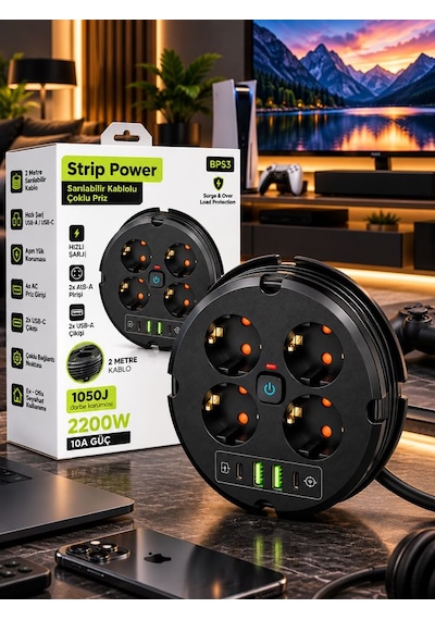 4'lü Akım Korumalı Çoklu Priz 2200w 1050j 2 Usb 2 Type-c 10a 2m Sarılabilir Kablolu 0.2 M