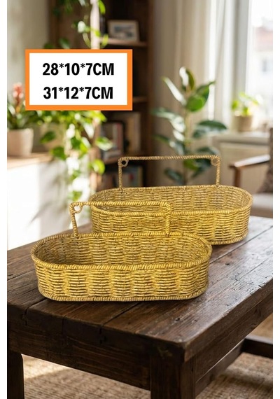 Tr 2'li Duvar Askılı Oval Plastik Rattan Organizer Sepeti, Hasır Görünümlü Banyo Ve Mutfak Raf Düzenleme Ünites Genel