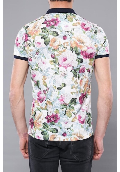 Yake Store Polo Yaka Çiçek Desenli T-shirt - Wessi - Yeşil Beyaz