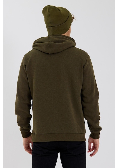 Polostate Erkek 3 İplik Pamuklu İçi Polarlı Baskılı Regular Fit Kapüşonlu Kanguru Cepli Haki Sweatshirt Haki