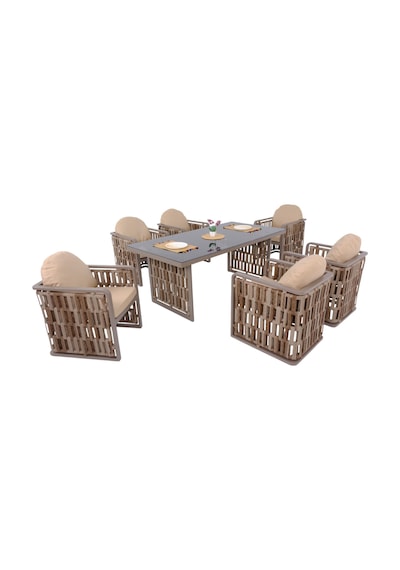 Talia Rattan Bahçe Masa Takımı 100x200 6 Kişilik Bahçe Mobilyası Gri