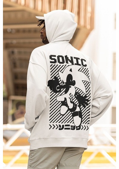 Sevbano Sonic Çizgi Film Baskılı Unisex Oversize Karakter Hoodie Beyaz