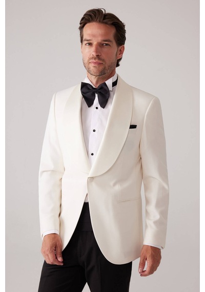 Ysf Erkek Krem Slim Fit Sabit Şal Yaka Damatlık