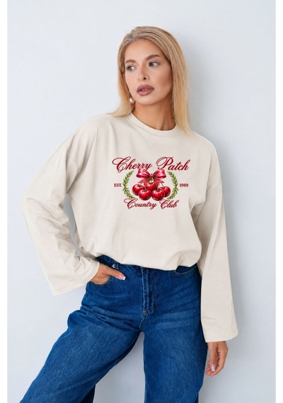 Medinenur Cherry Baskılı Tesettüre Uygun Uzun Kollu Body Ekru