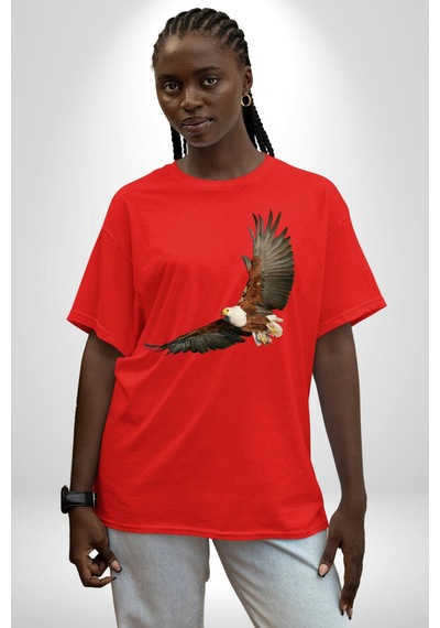 Kartal Özgürlük Pamuklu Bisiklet Yaka Unisex Oversize Boyfriend Dijital Baskılı Kırmızı T-shirt Kırmızı