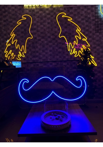 Bıyık Figürlü Neon Tabela Mavi