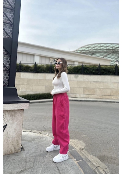 WeShaya Kadın Pembe Yüksek Bel, Cepli, Beli Lastikli, Salaş Gabardin Pantolon Pembe