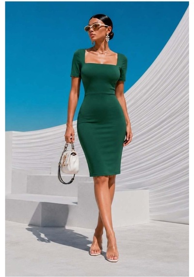 DefyModa Kadın Şık Model Krep Kumaş Kare Yaka Mini Abiye Elbise Zümrüt