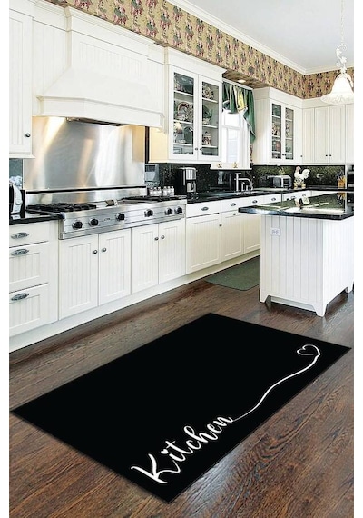 Siyah Kaymaz Tabanlı Kitchen Yazılı Mutfak Halısı Yolluk Vh089n11