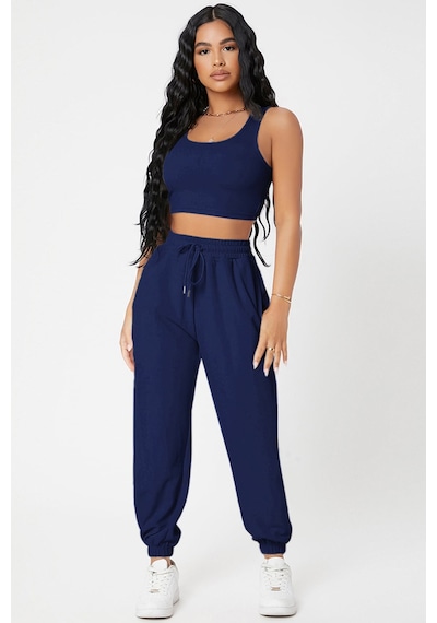 Moda Dua Kadın Lacivert Kaşkorse Cepli Jogger Eşofman Altı Ve Crop Top Bluz