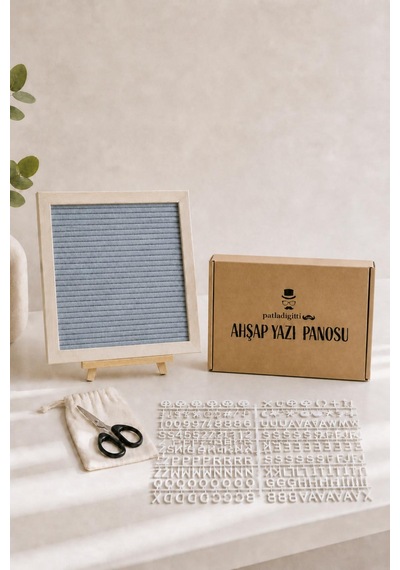 Woodart Premium Letter Board Seti, Füme Antrasit Keçe Yüzeyli Doğal Çam Ahşap Yazı Panosu Şövale Standlı Dekoratif Set Gri