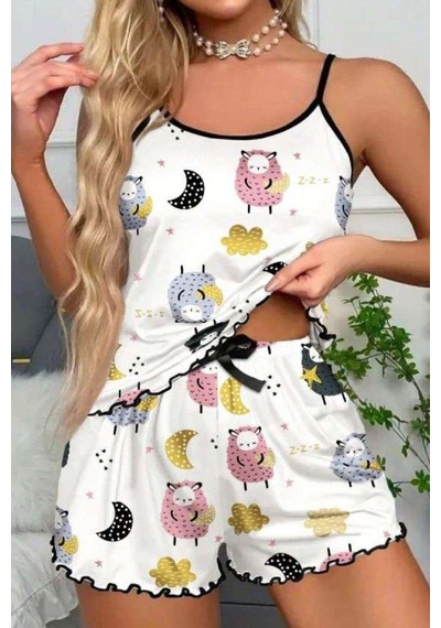 Kuzu Desenli Pembe İp Askılı Yazlık Şort Pijama Takımı Ryl - S-46 Beden: S-m Çok Renkli