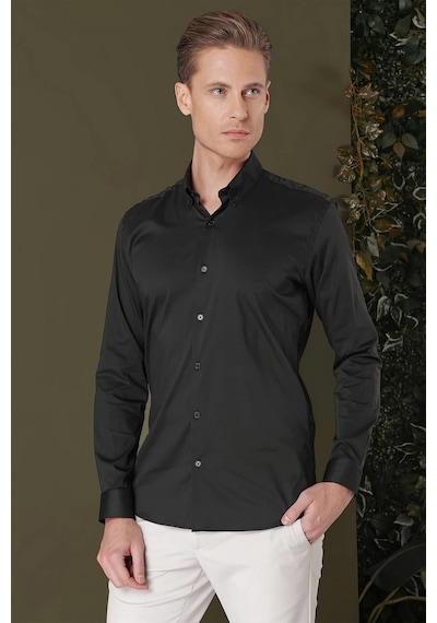 Efor Slim Fit Düğmeli Yaka Esnek Pamuk Klasik Siyah Gömlek Gk 708 Siyah